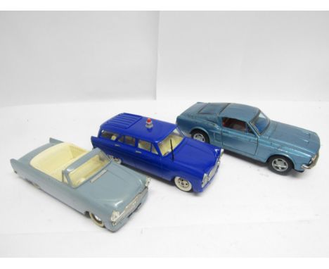 Three vintage playworn toy cars to include Triang battery operated plastic Ford Zephyr, Marx plastic friction drive police ca