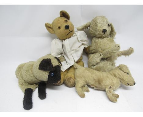 Four vintage careworn soft toys to include golden mohair jointed teddy bear with plastic nose and eyes and stitched mouth, ca