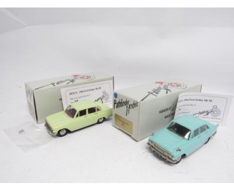 Two limited edition Pathfinder Models 1:43 scale diecast PFM31 1964 Ford Zodiac Mk 3 cars, one in turquoise with dark green i