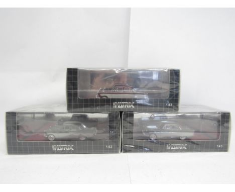 Three Matrix 1:43 Scale Models MX40603-1 diecast 1959-1962 Ford Zodiac 206E Saloon cars, comprising two examples in two-tone 
