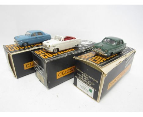 Three boxed Gems &amp; Cobwebs 1:43 scale diecast model cars, comprising GC18W 1950 Ford Zephyr Convertible in white, GC19 19