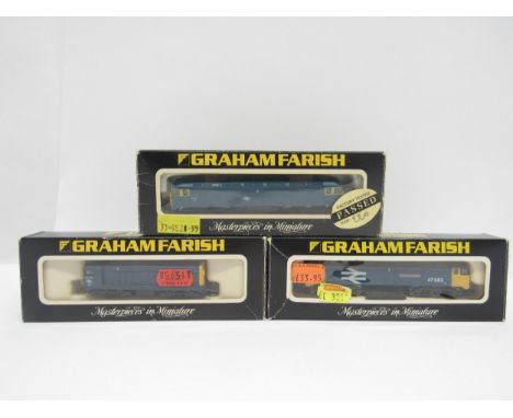 Three boxed Graham Farish N gauge model railway diesel locomotives, comprising 8005 BR Class 47, 8007 BR Class 47 'County Of 