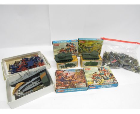Two Airfix H0/00 scale plastic model tanks in associated boxes and a quantity of Airfix and similar plastic soldiers, ships e