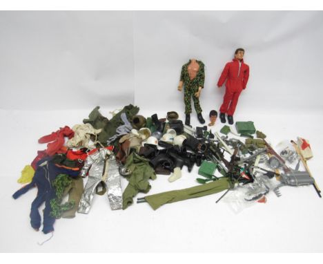 Two vintage playworn Palitoy/Hasbro Action Man figures with brown flock hair and Eagle Eyes, with a good collection of Action