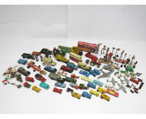 Assorted loose and playworn diecast model vehicles including Lesney Matchbox Series, Corgi, Dinky, Husky, Crescent, plastic a