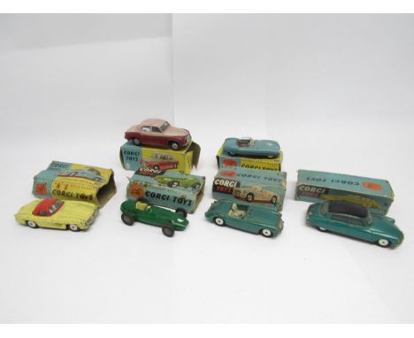 Six Corgi Toys diecast model cars with original boxes/partial boxes, to include 204 Rover 90 Saloon (cerise underspray showin