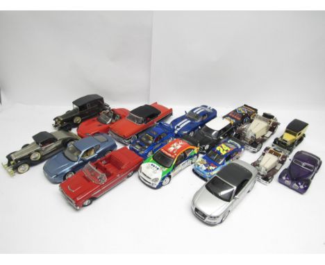 A mixed group of unboxed 1:18 scale and smaller diecast cars including Norev Audi A4 Cabriolet, Burago Mercedes-Benz SSK 1928