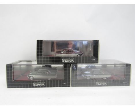 Three Matrix 1:43 Scale Models MX40603-1 diecast 1959-1962 Ford Zodiac 206E Saloon cars, comprising two examples in two-tone 