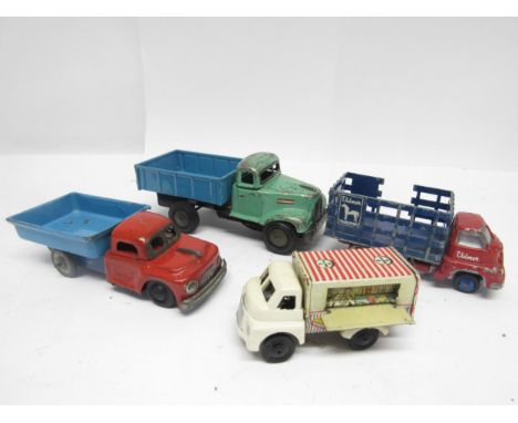 Four playworn model vehicles, comprising Vilmer (Denmark) diecast horse box, Brimtoy 'Super Ices' tinplate plastic ice cream 