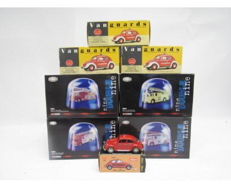 Four Corgi Nine Double Nine diecast model fire engines, three Vanguards Feuerwehr VW split screen Beetles and a Schuco 1039F 