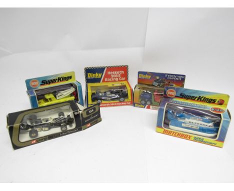Five assorted boxed diecast vehicles to include Dinky 361 Zygon War Chariot with three missiles and 222 Hesketh 308E Racing C