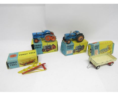 Four boxed Corgi Toys diecast model farm vehicles and implements to include 54 Fordson Power Major with Roadless Half Tracks,