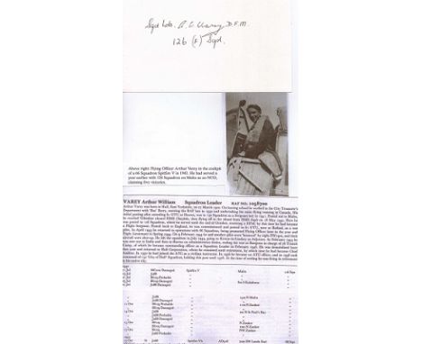 Signature of Malta campaign ace Squadron Leader Arthur Varey DFM 5 victories. . Good condition  