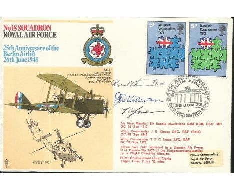 AVM Sir R Reid DSO MC Great War ace, Wg Cr J Kirwen & Jones AFC signed 18 Sqn cover comm. 25th ann Berlin Airlift. Good condi