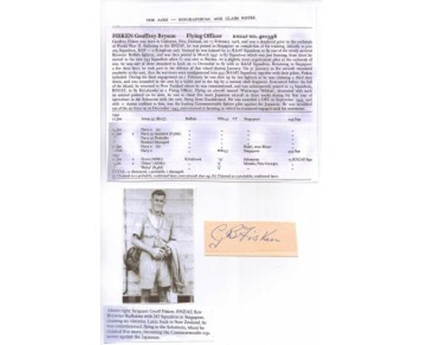 Signature of RNZAF ace Flying Officer Geoffrey Bryson Fiskin DFC. Scored 11 victories before being invalided out of the servi