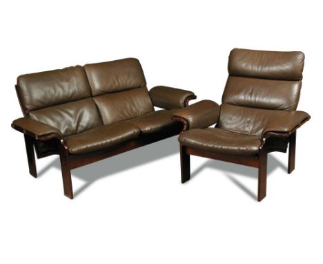 Jeki Furniture, a 1970's Danish 3-2-1 three-piece suite, the three-seat sofa, two-seat sofa and armchair in dark brown leathe