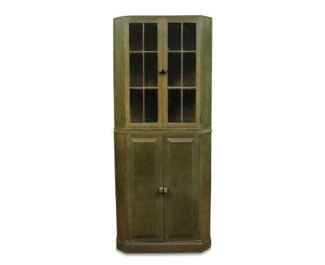 Paul Matts for Brynmawr, an original green enamel oak corner cupboard, the glazed top section above a cupboard base 187 x 75c