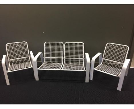 BKS, Denmark, a white coated steel three-piece suite, comprising two-seat sofa and two armchairs, each with mesh backs and se