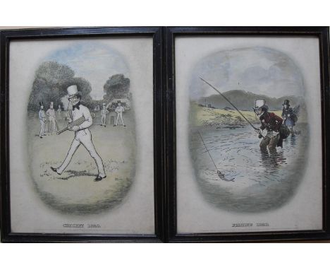 Tom Browne (British illustrator, 1870-1910): 'Cricket 1820' and 'Fishing 1820', a pair of early 20th century hand coloured li