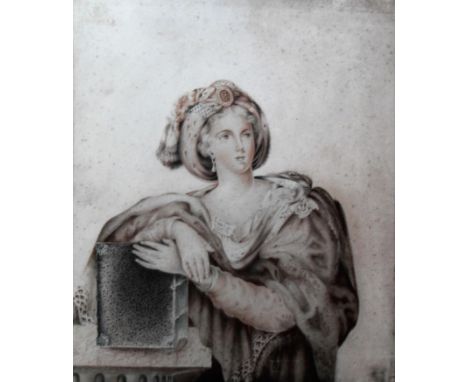 Follower of Guercino, 'THE PERSIAN SIBYL', unsigned,  charcoal / sepia wash on vellum stretched on a wooden panel with hand-m