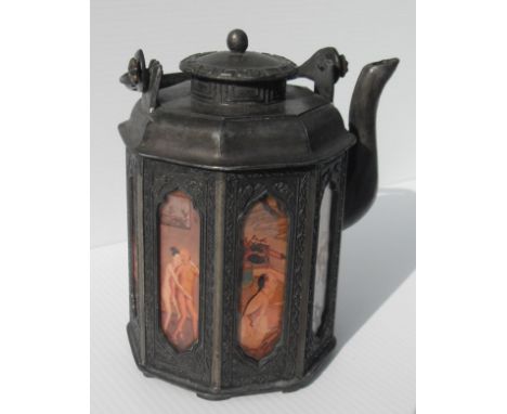A late 19th century / early 20th century Chinese pewter teapot with seven painted glass panels, 23 cm H 
