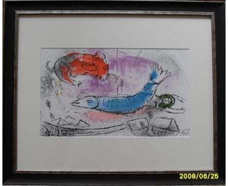 Marc Chagall, 'BLUE FISH' original lithograph 1957, framed, mounted and glazed 22 x 38 cm, printed by Mourlot of Paris, Crame