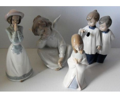A Lladro figurine of an angel, another of a girl playing, a NAO figurine of choirboys and one of a girl praying (4) all witho
