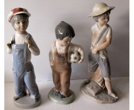 A Lladro figurine of a boy with a cap, two other NAO figurines of young boys, one with football the other with a slingshot (3