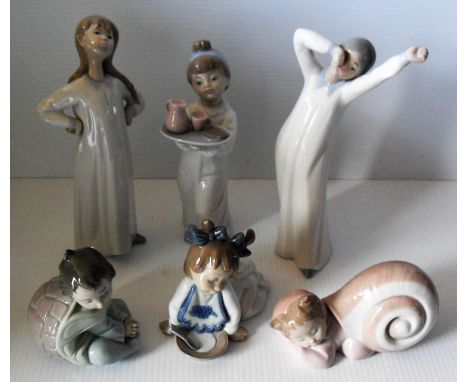 A Lladro figure of an unhappy young girl going to bed and five NAO bedtime figurines of children (6) all without damage or re