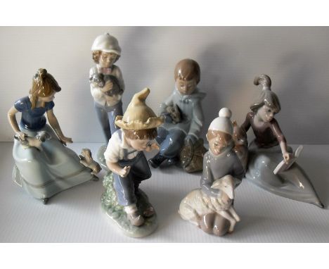 Two Lladro figurines of young girls, one with a lamb the other with book and dog, with three NAO figurines of children with a