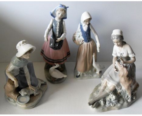A Lladro figurine of a goose girl, three NAO figurines of young ladies with dog, cat and goose (4) finger chipped on goose gi