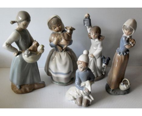A Lladro figurine of a young girl holding a lamb, four NAO figurines of girls holding dogs and cats (5). Condition: historic 