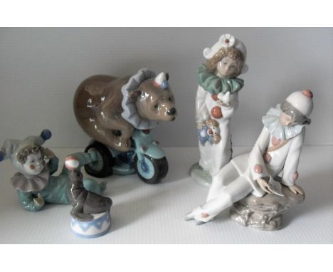 NAO clown and circus figures, a bear on a bicycle and a Lladro seal balancing a ball (5) all without damage or repair 