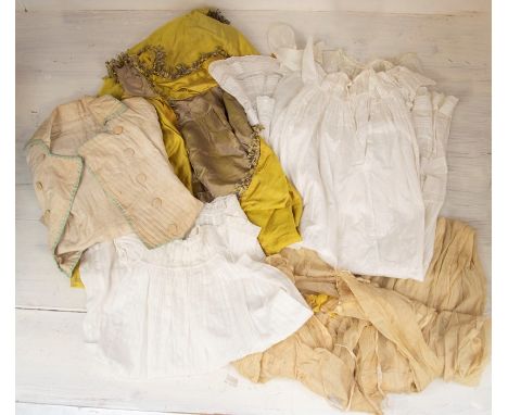 A good collection of textiles 19th century and later, including four short babies dresses; 2 petticoats; 1 medium babies dres