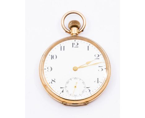 A 9ct gold pocket open faced watch, white enamel dial with Arabic numerals, diameter approx 40mm, subsidiary dial, case appro