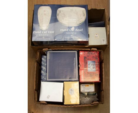 A collection of boxed glass including cut glass bowls, etc along with boxed ceramic items, plates, figures etc