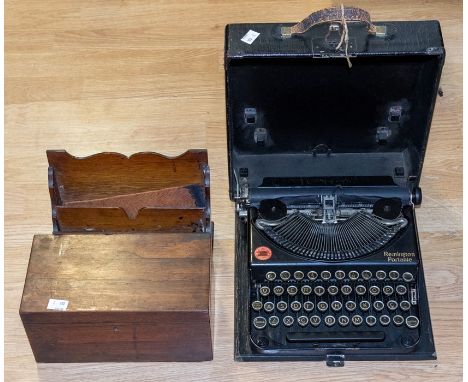 Vintage black Remington typewriter in case, rose mahogany tea caddy and a letter rack