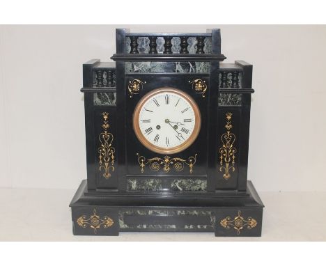 French late Victorian black slate mantle clock, eight day, Roman numerals, with inlaid gilt detail