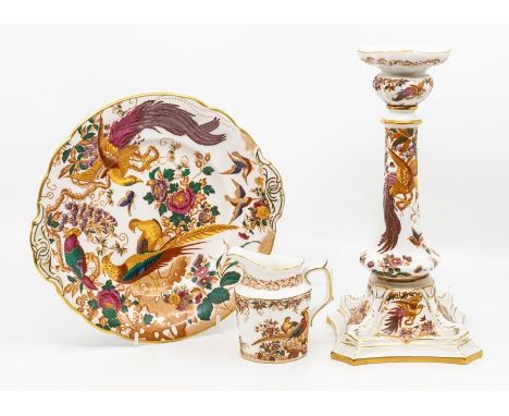 Royal Crown Derby Olde Avesbury biscuit plate, cream jug and single candle stick.