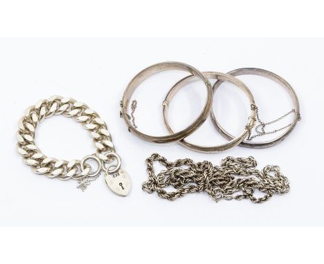 Three silver hinged bangle; a gent's heavy link silver bracelet; a silver rope-twist necklace; and a silver chain necklace, t