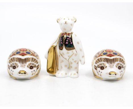 Two Royal Crown Derby hedgehogs and teddy bear with boxes, gold stoppers