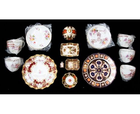 A collection of Royal Crown Derby to include: 6199 Imari miniature tea caddy and cover ( damage to cover)1128 Imari rectangul