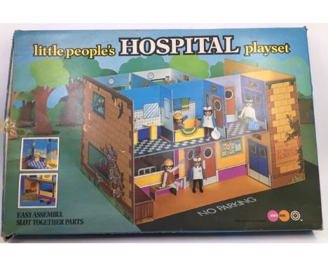 &nbsp;Vintage plastic train set, wooden blocks, marbles and little people’s Hospital play set by Marx. (1box).