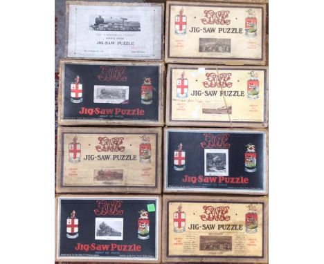 Chad Valley wooden railway jigsaws c1930/40 to include Caerphilly Castle, The Railway Station, 2 x King &nbsp;George V, Freug