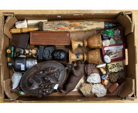 A carved Black Forest casket, and a bear; collectables including hip flask, medicine bottles, 19th century shoe snuff box; Ar