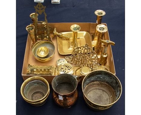 A collection of brass and copper to include: pair of candlesticks, corkscrew, chamberstick, desk photo easel holder; letter h