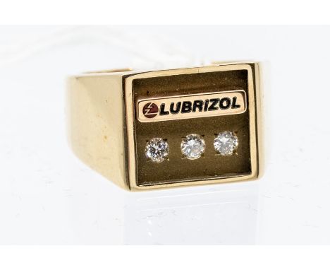 A 10ct gold and diamond Lubrizol gents signet style ring, set with three brilliant cut diamonds, size V, total gross weight a