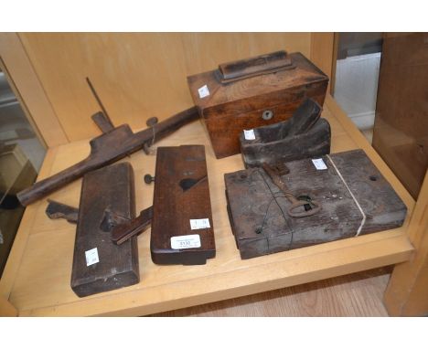 A collection of treen items including 19th Century tea caddy, early 19th Century lock and key and a collection of early 20th 