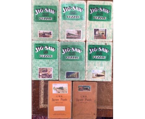 Chad Valley wooden railway Jigsaws to include Royal Route to the west, Night Mail, Model Railway, Streamlined way, GWR Locomo