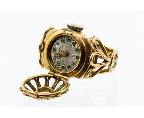 A 18ct gold watch finger ring, size O1/2, unmarked shank but watch mark 750, total gross weight approx 12.4gms  Condition rep